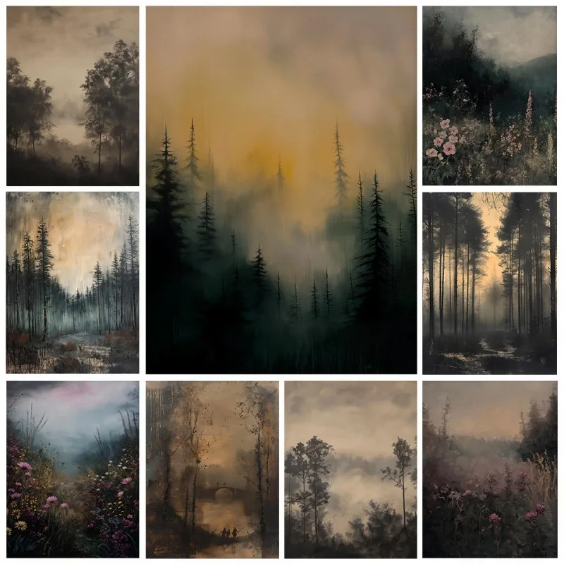 ภาพพิมพ์บนผ้าใบลายภูมิทัศน์ป่าหมอกสีดำสไตล์โบราณ ต้นไม้ถ่าน ดอกไม้ป่า งานศิลปะตกแต่งผนังบ้าน 1