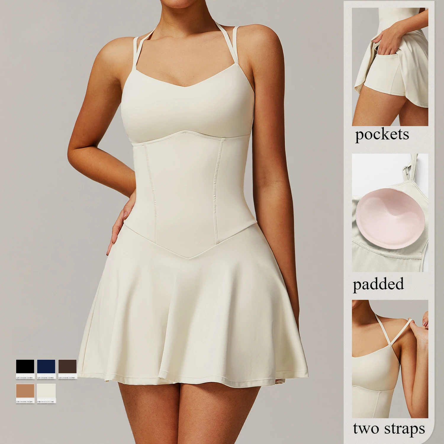 Tennis Dress with Shorts Underneath Pockets Strap Dress Sporting Tennis Outfit Women Gold Wear Sport Dresses Badminton Clothing
