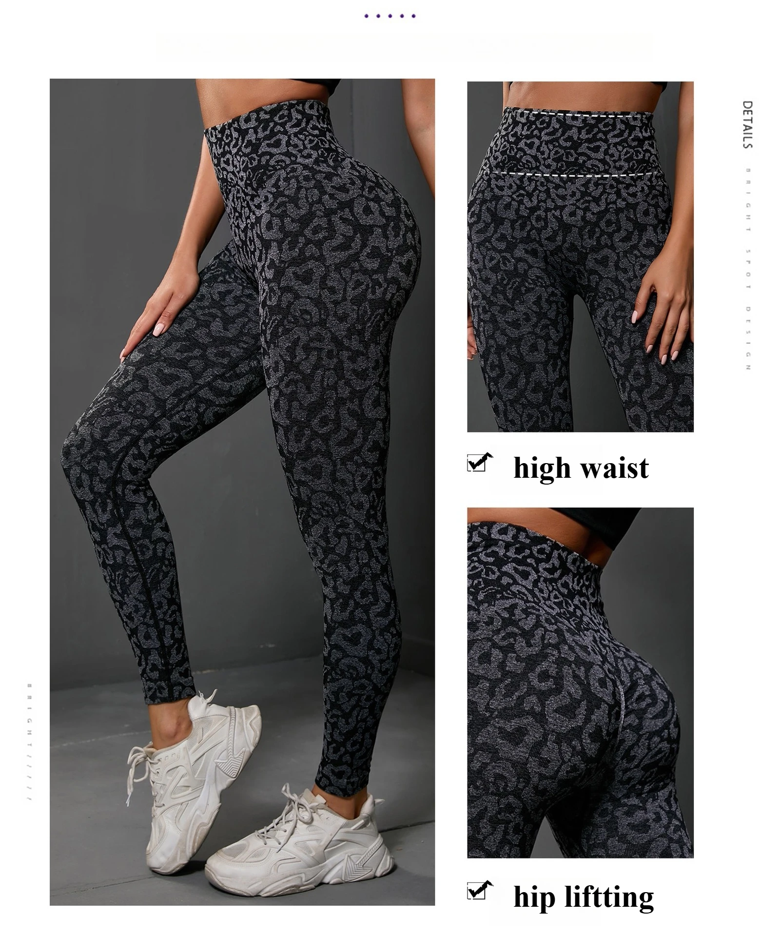 Nahtlose Damen-Hose mit Leopardenmuster, hohe Taille, Leggings, sexy, hüfthebende Workout-Lauf-Fitness-Hose, hochelastische Strickhose – Detail 4