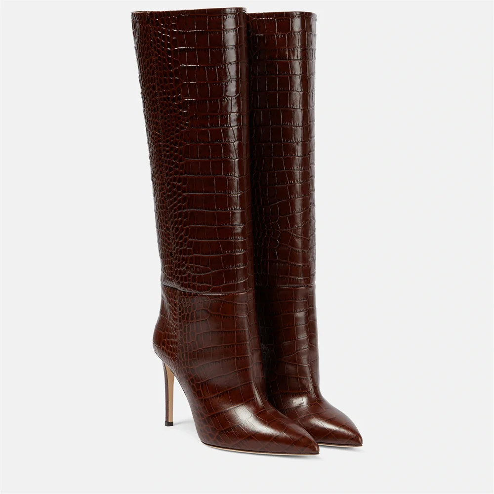 

2023 Autumn/Winter Fashion Women's High Stiletto Heel Cusp Slip On Knee high Boots Sexy Sewing Thread