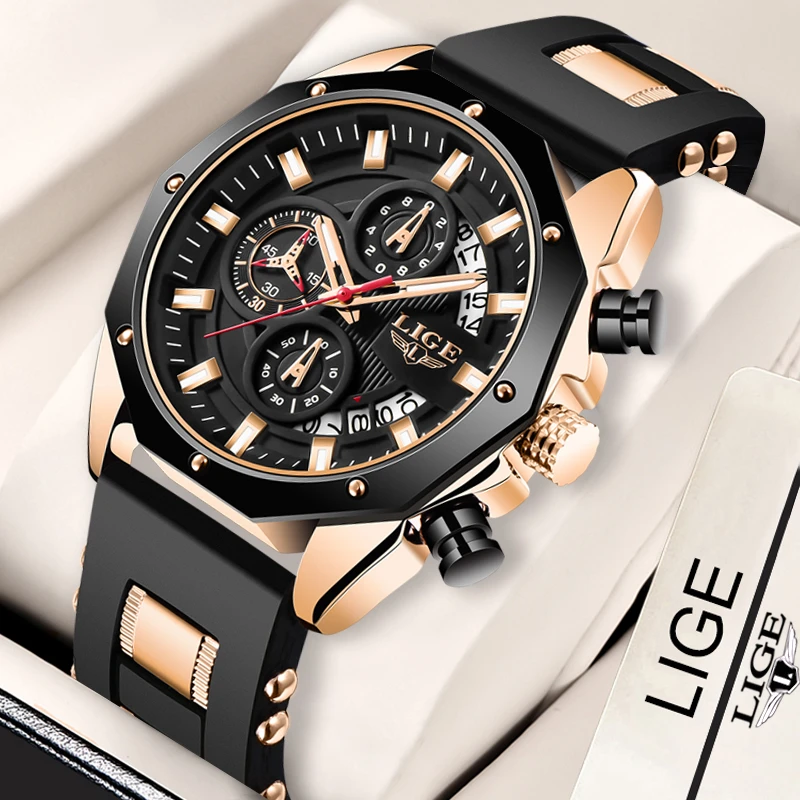 2022 LIGE New Fashion Mens Watches Top Brand Luxury Silicone Sport Watch Men Quartz Date Clock Waterproof Wristwatch Chronograph