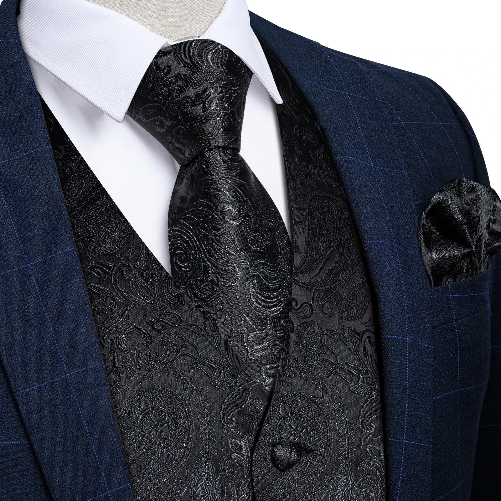 Suit Vest for Men Black Solid Paisley Wedding Prom Groom Jacquard Silk Waistcoat with Necktie for Tuxedo Men Clothing DiBanGu 2