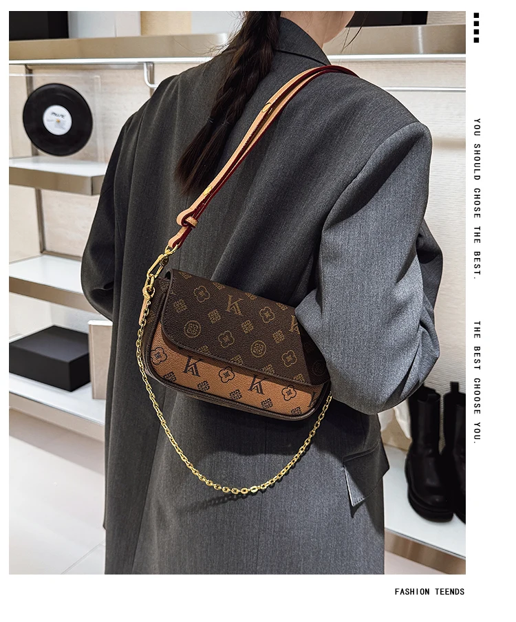 Damen-Achseltasche mit Kette, Retro-bedruckte Umhängetasche, modische und vielseitige Umhängetasche – Detail 1