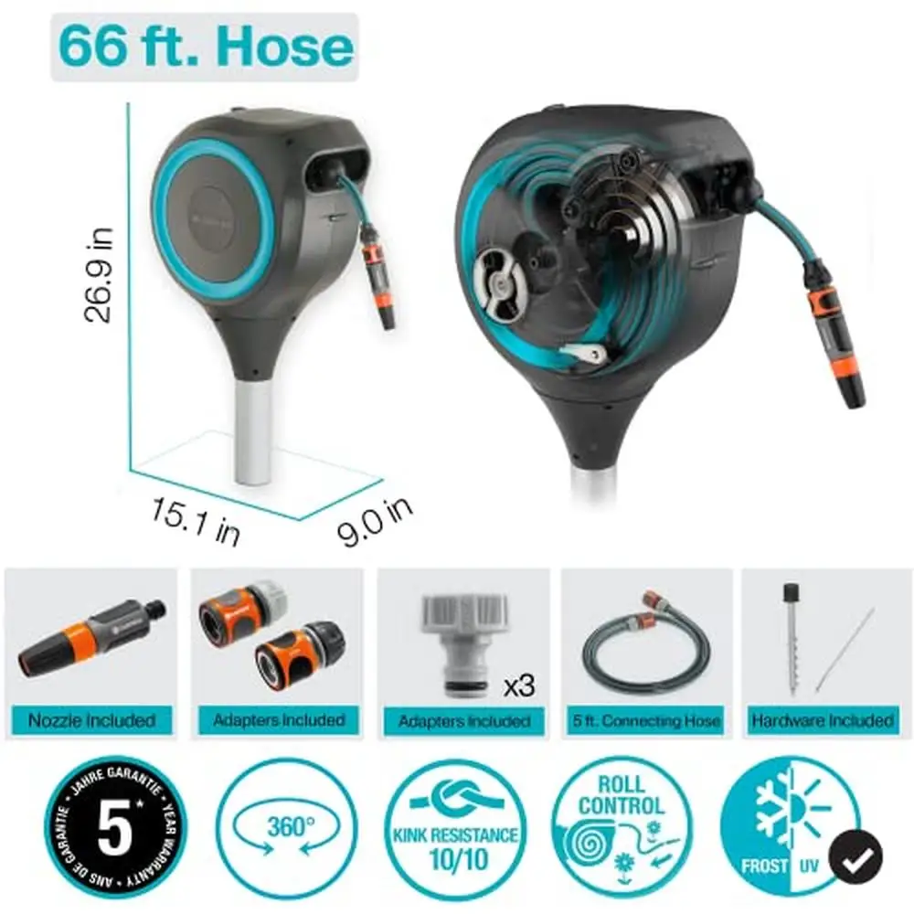 66ft Auto Retractable Hose Reel RollControl Technology 360 Degree Swivel Strong and Stable Metal Spike Feet Kit Turquoise
