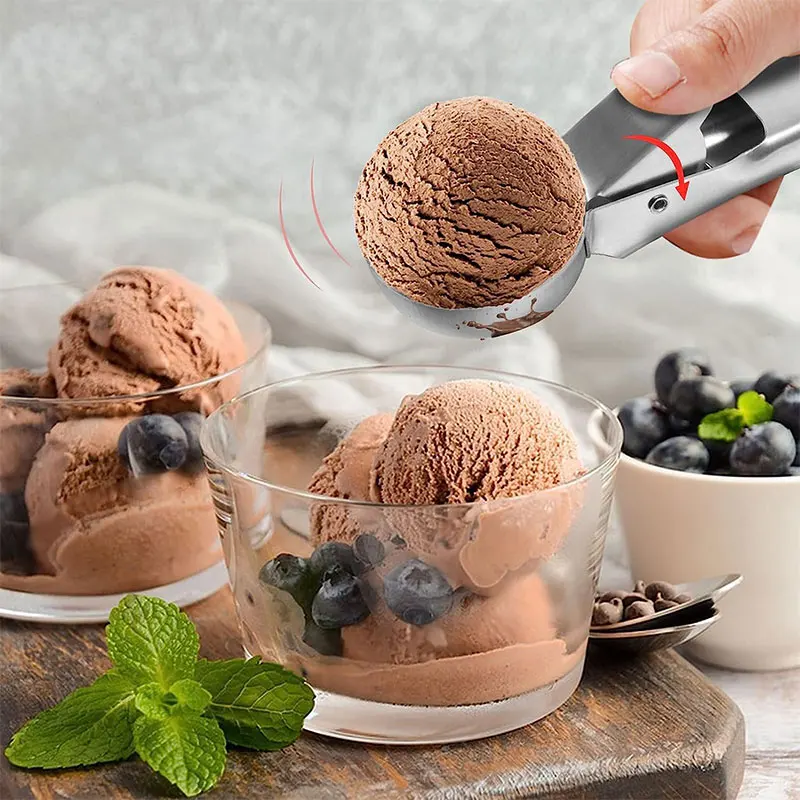2 Sizes Ice Cream Scoop with Trigger, Stainless Steel Ice Cream Scooper, Heavy Duty Cookie Scoop Set with Comfortable Handle, Ice Cream Spoon for