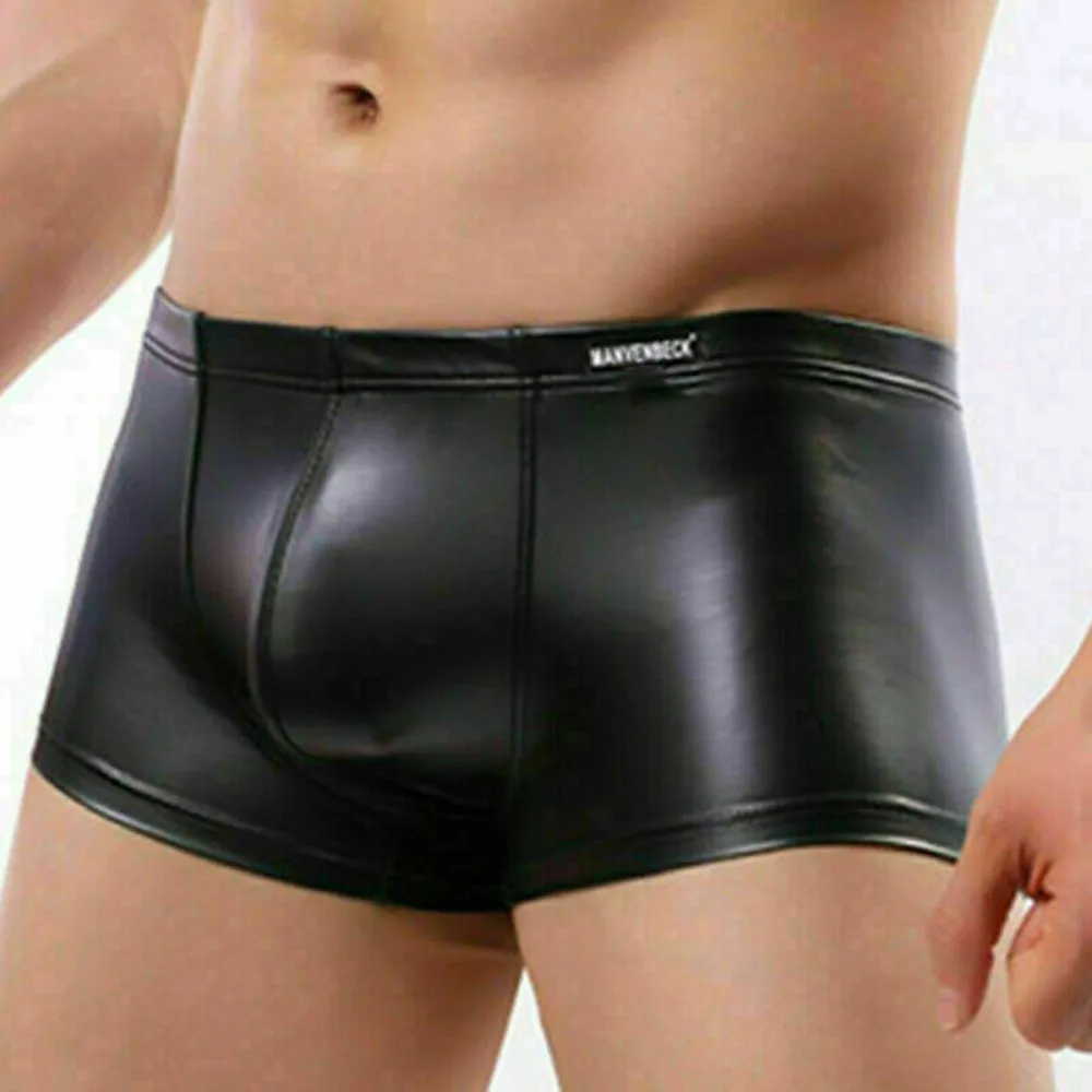 

New Men Wet Look Patent Leather Erotic Underwear Boxer Briefs Trunks Solid Sexy Bandage Fashion Metal Bulge Pouch Boxer Shorts