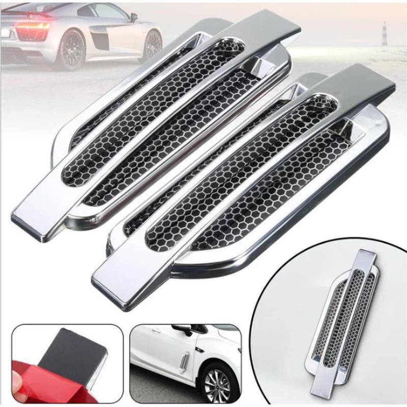 Car Fender Stickers Car Side Fender Vent Sticker Air Flow Spoiler Racing Intake Grille Trim Chrome 1pair