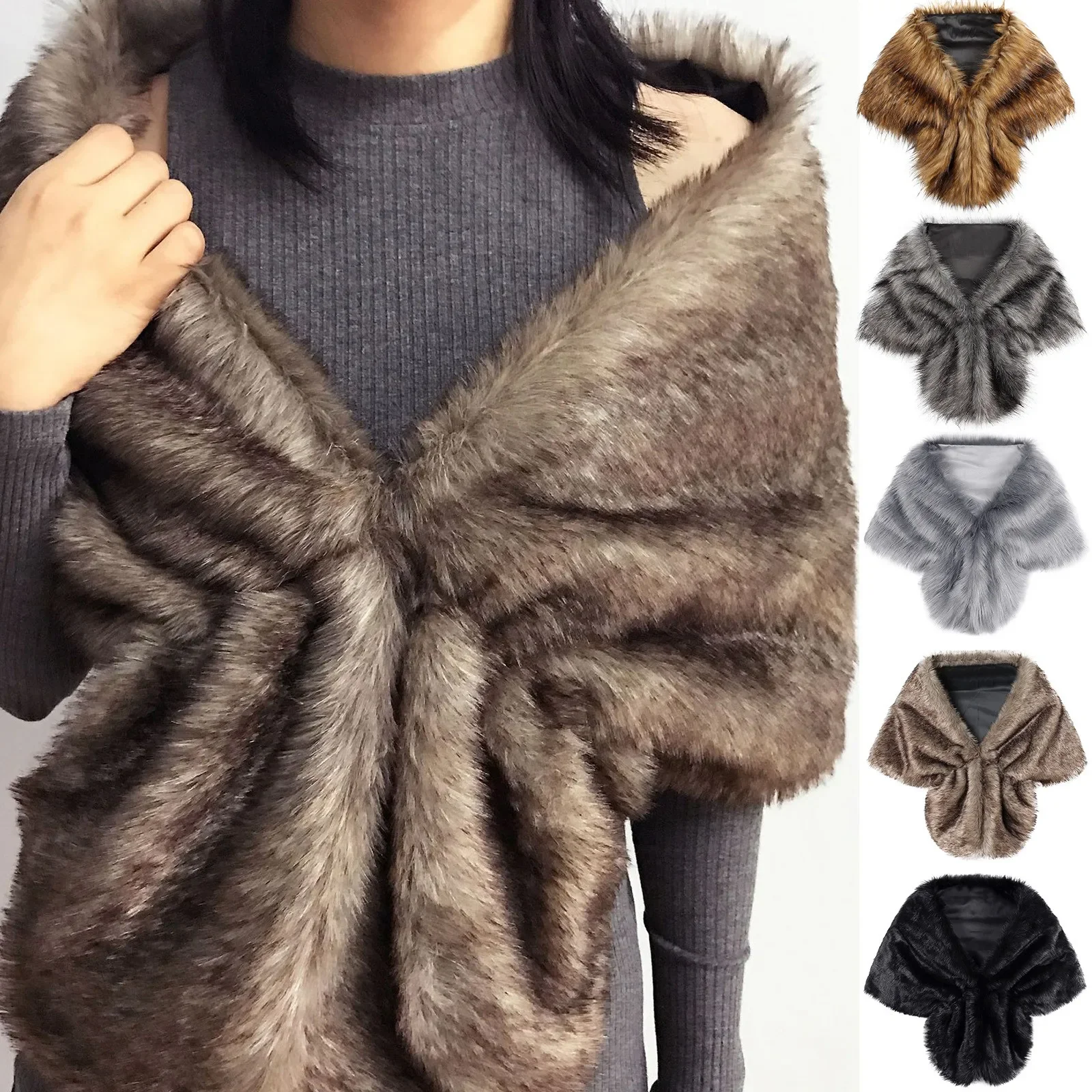 

Women Faux Fox Fur Long Shawl Stole Wrap Shrug Scarf Lady Plush Bridal Wedding Jacket Waistcoat Bolero Shrug Cape Elegant Cloak