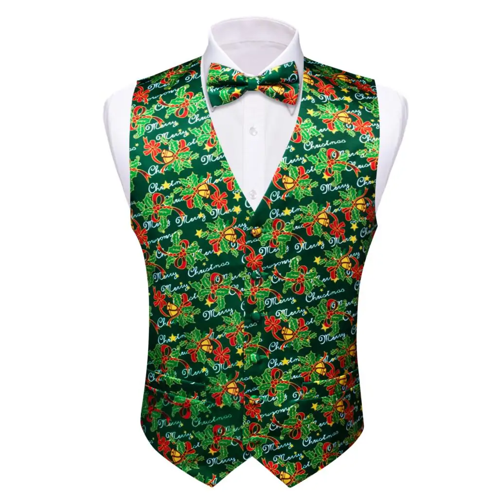 

Christmas Mens Vest White Green Red Jingling Bells Snowman Santa Claus Elk Trees Silk Waistcoat Tie Bowtie Set Party Barry Wang