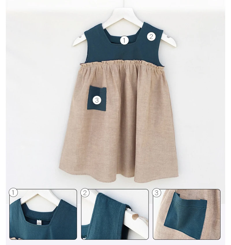 Kids Retro Patchwork Dress    Toddler Girl Summer Casual Loose fit Pocket Sleeveless Princess Children's Clothing Dresses for Girls in Khaki brown with teal blue