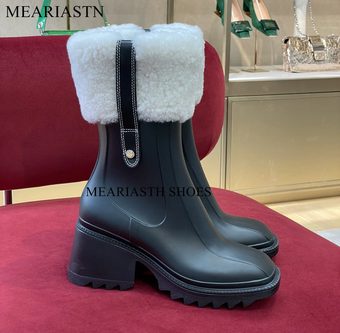 

Meariasth Block Heel Rain Boots Women Rubber Platform Women Boots Brand High Heel Shoes Woman Square Toe Chelsea Booties 2023