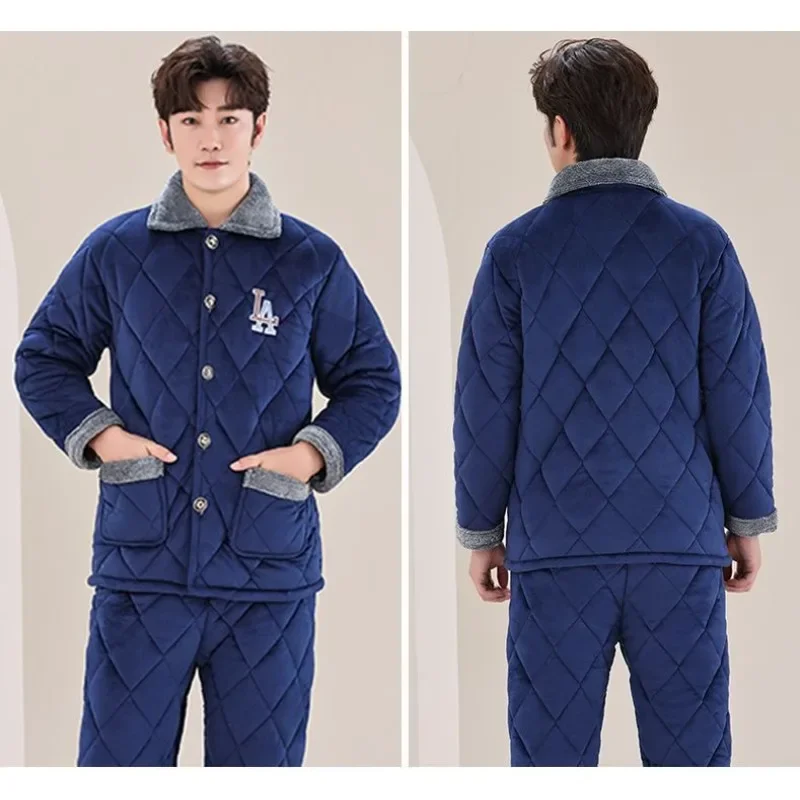 2024 New Sleepwear Men's Winter Coral Velvet Three-layer Cotton Loose Loungewear Thickened Flannel V-neck Warm Homewear Set