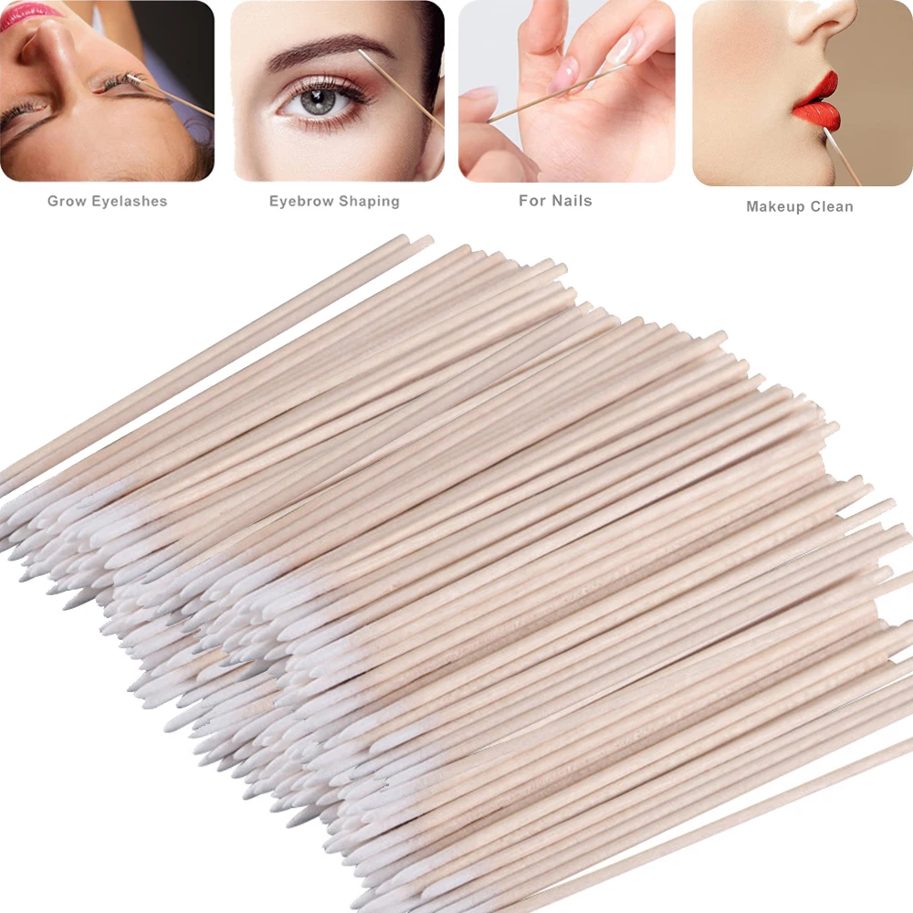 Cotton Swab Wood Handle Small Pointed Tip Head Eyebrow Tattoo Beauty Make-up Nail Wooden Sticks 10cm 100/200/300/500Pcs
