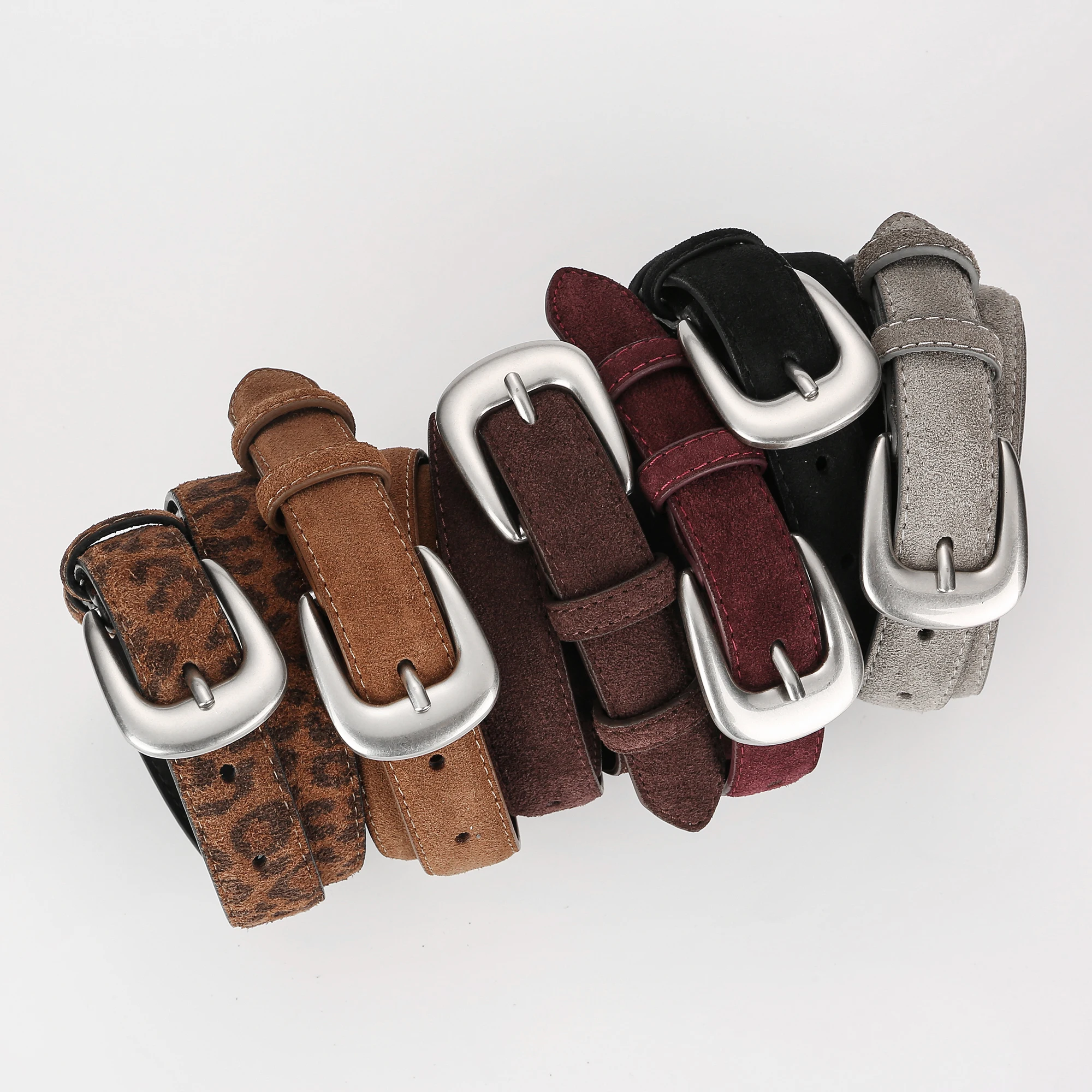 Women's Fashion Suede Leather Belt with Silver Buckle
