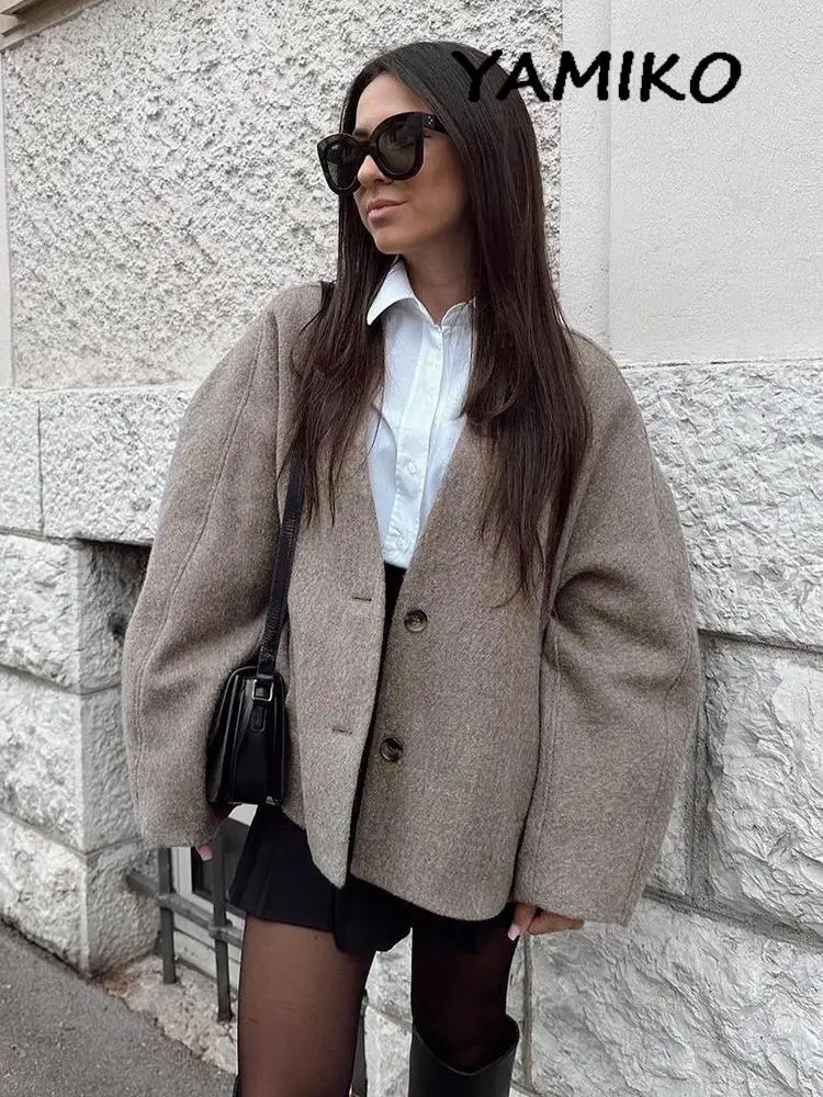 

Fashion Women's Wool Jacket 2023 Winter V-neck Long Sleeve Front Button-up Loose Solid Women Coat Vintage Casual Female Outwear