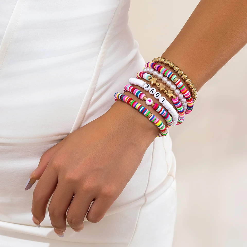 Set 7 Braccialetti Con Perline In Argilla Morbida - Bracciali Elasticizzati Colorati Boho Per Donna E Ragazza - 6