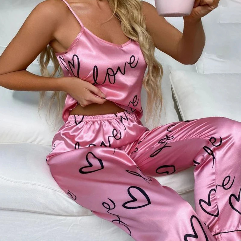 Women Satin Silk Pajamas Sets Letter Print Cami Vest Shirt With Trouser Sleepwear Ladie Sexy Pajama Lingerie Pyjamas Nightwear