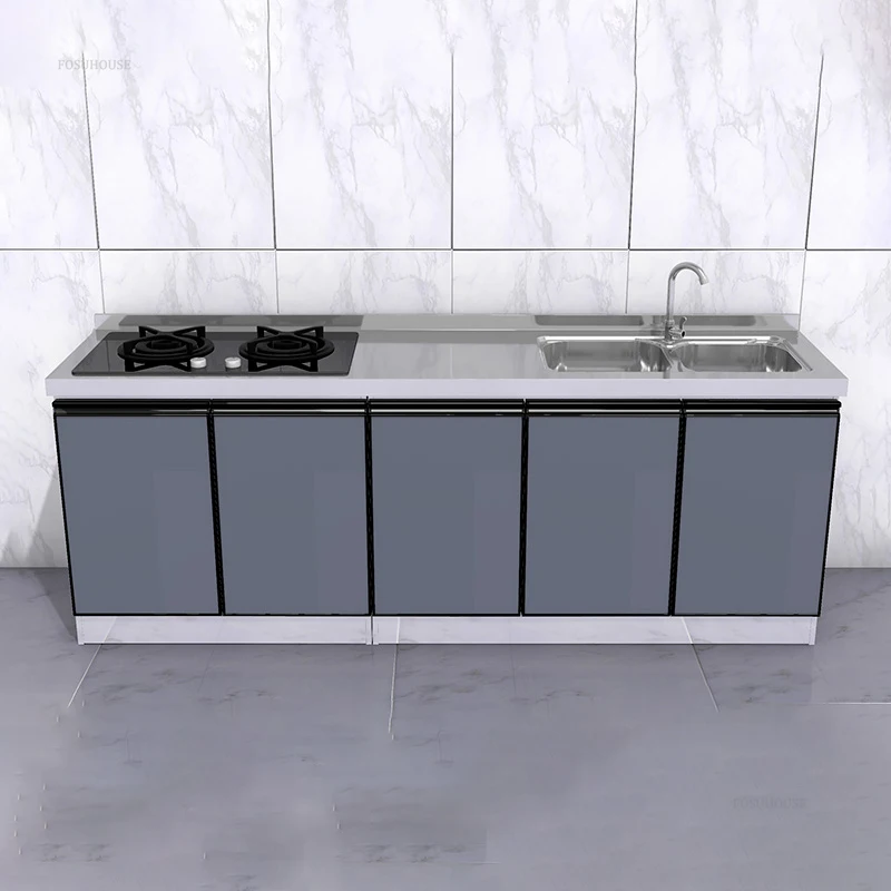 Stainless Steel Waterproof Kitchen Cabinets Household Furniture Kitchen Storage Sink Stove Cabinet Rental House Cabinet