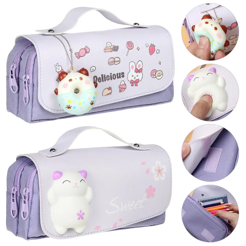 Cute Cat Decompression Pencil Case Big Pencil Box Portable Girls Pen Bag  Double Layer School Pouch Kawaii Stationery Pensil Case - AliExpress