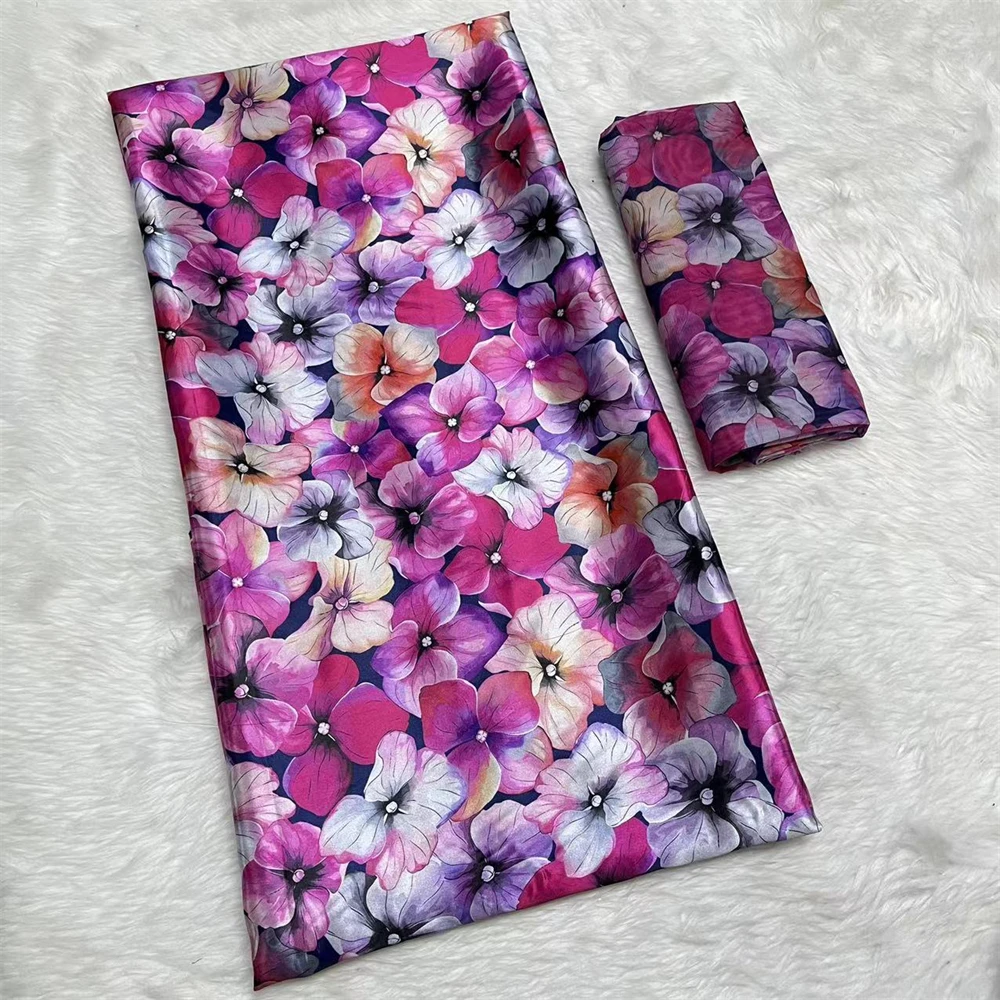 

African Silk Wax Printed Satin Fabric with Chiffon Scarf, Nigerian Fabrics for Women Dress, 4 + 2 Yards