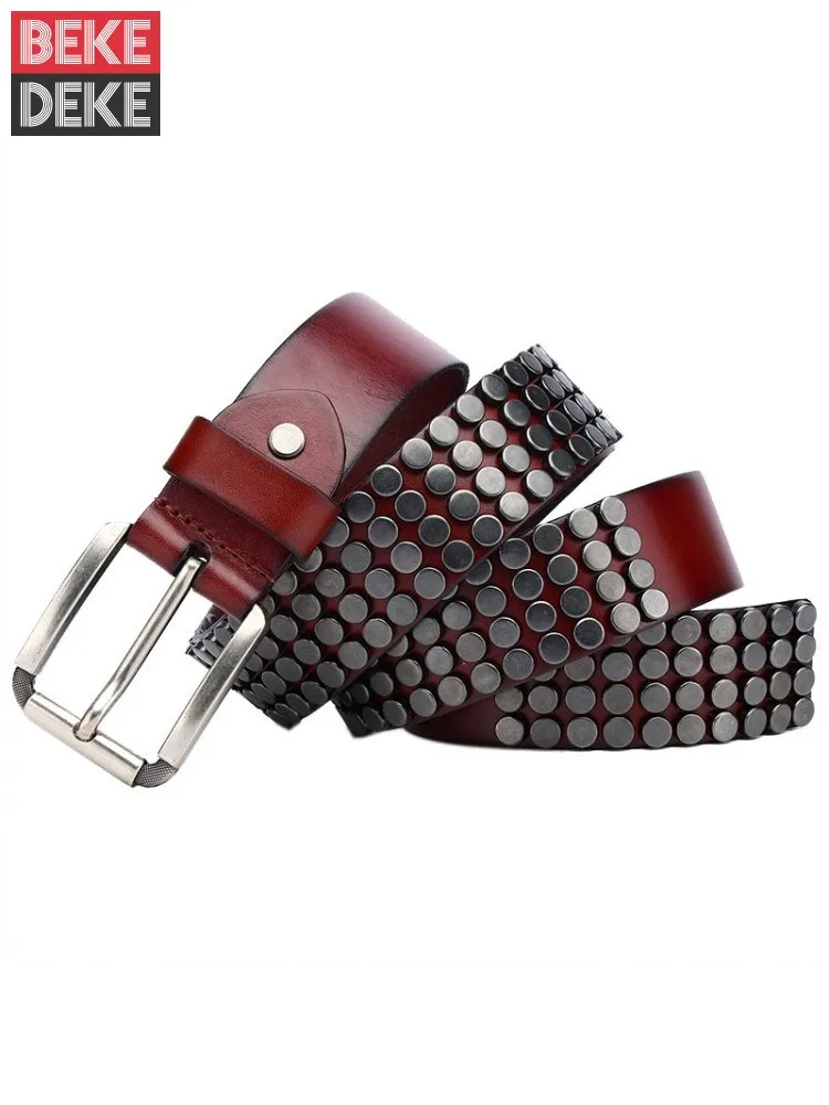 

Unisex Genuine Leather Belt Rivets Studded Real Cowhide Waistband Men Women Pin Buckle Punk Style Strap Girdle Belts For Jeans