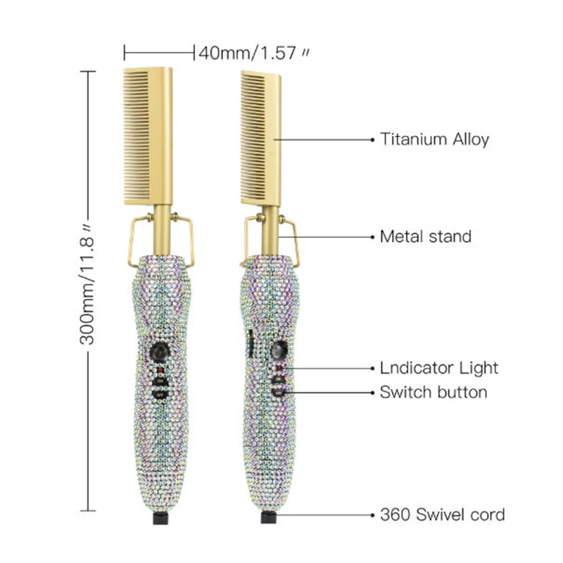 Electric Heating Comb Hair Straightening Rhinestone Hot Comb Curling Iron Heated Brush Peigne Chauffant Cheveux Peigne chaud 2