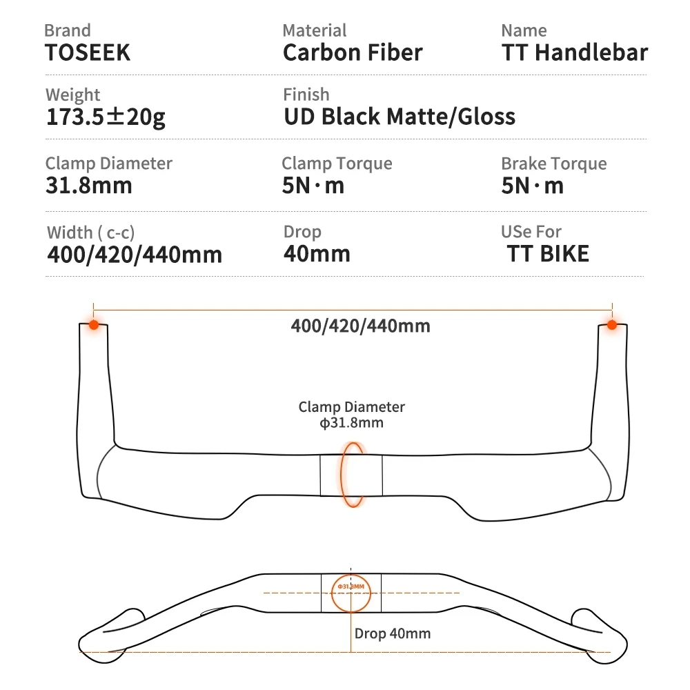TOSEEK Carbon Fiber Handlebar 31.8mm Bike Road TT Handlebar MTB Bicycle Time Trial TT 400/420/440mm