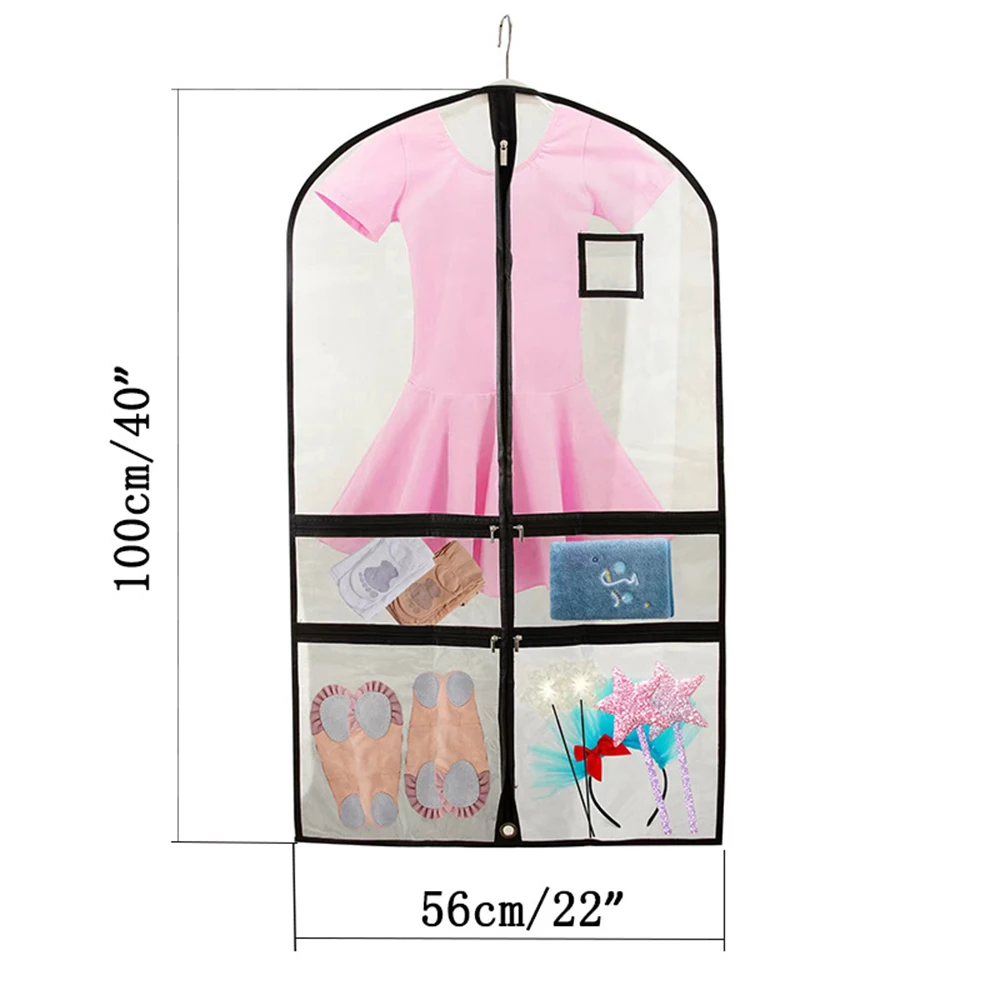 40'' Clear Kids Dance Costume Garment Bags for Dancers With Pockets PVC Waterproof Foldable Travel Hanging Clothes S