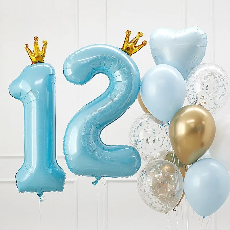 

40inch Pastel Blue Pink Foil Number Balloon With Crown 1 2 3 4 5 6 Boy Girl Birthday Party Baby Shower Wedding Decoration Ballon