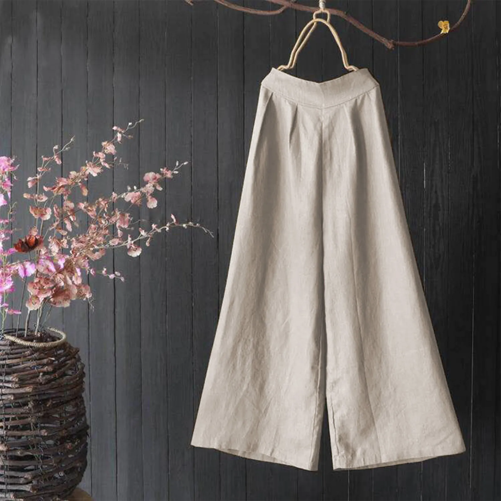 

Women's Loose Cotton Linen Wide Leg Pants Vintage Casual Cropped Trousers plus Size Bottoms for Women
