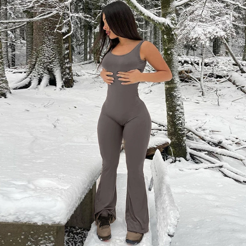 BIIKPIIK Women Sporty Jumpsuits Fashion Backless Sleeveless Solid Flare Rompers Sexy Hollow Out Skinny Overalls Fitness Outfits