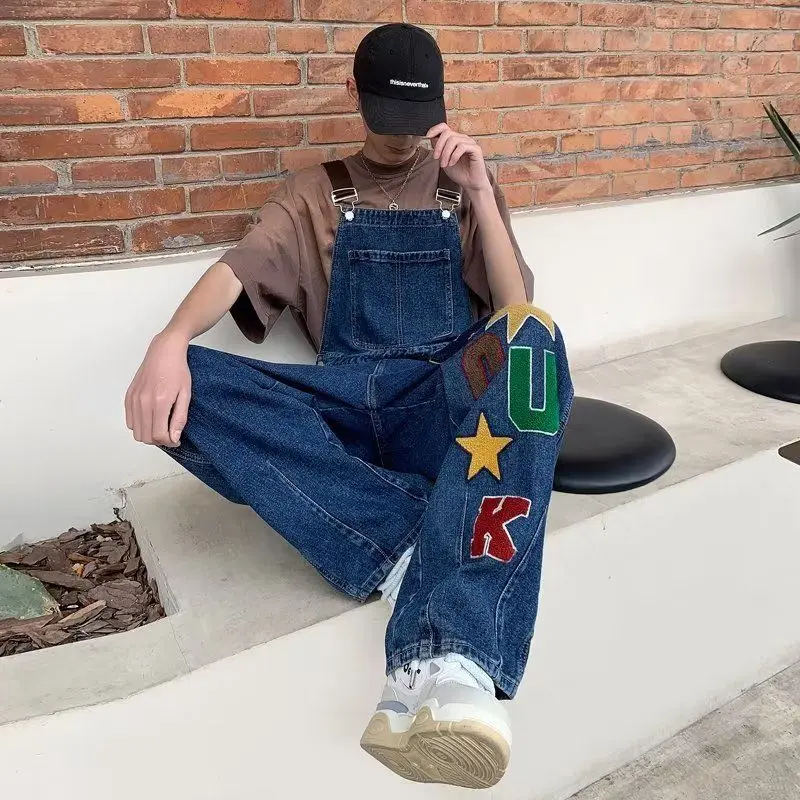 American high street retro embroidered star letters denim overalls for men summer loose and versatile casual jumpsuit trend y2k