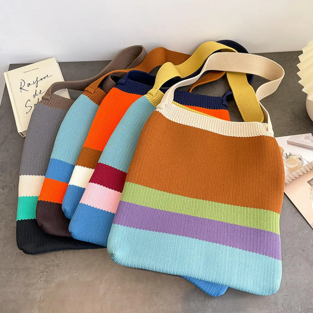 

Korean Fashion Large Colorful Kniited Shoulder Bag Rainbow Striped Tote Bags for Women Girls Outdoor Causal Shopping Bag