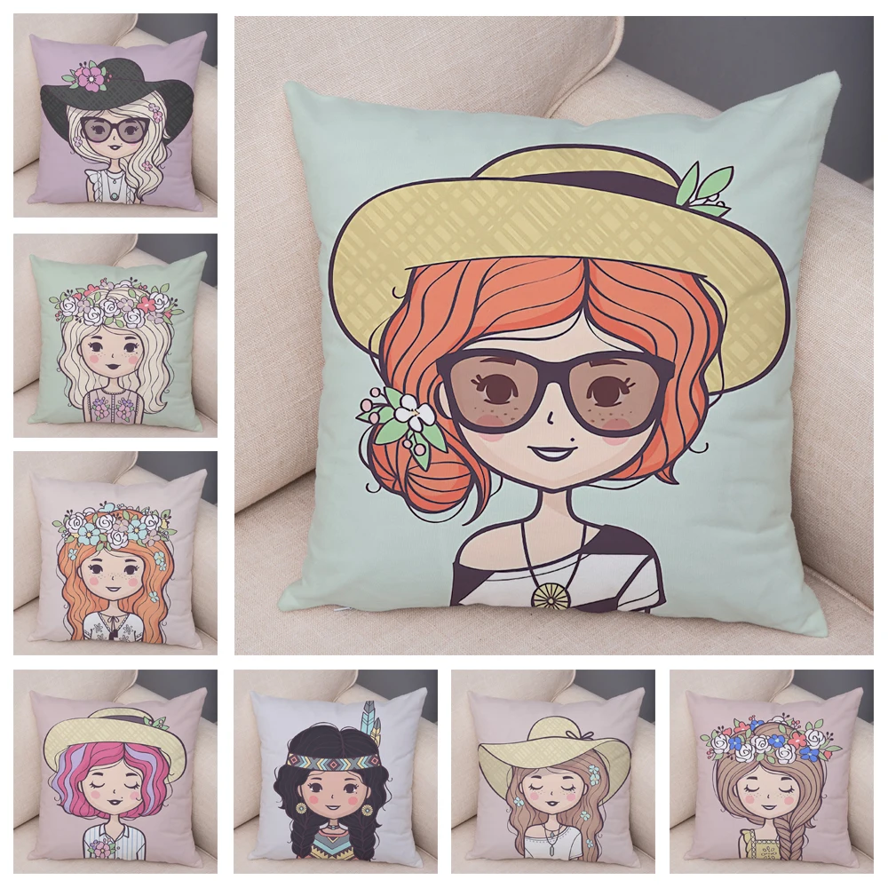 

Flower Girl Cartoon Luxury Throw Pillow Case Cushion Cover Home Living Room Decorative Pillows For Sofa Bed Car 45*45 Nordic