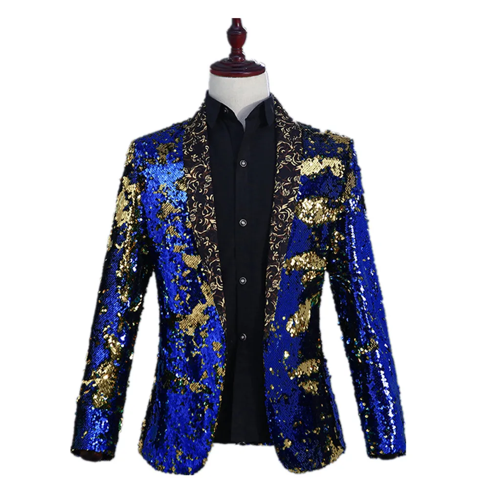 Royal Blue and Gold Sequin Blazer Men Shawl Collar Suit Jacket Show ...