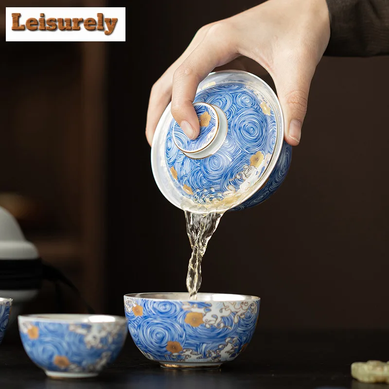 Gilt Silver Starry Sky Travel Tea Set Kit Luxury 1 Pot 3 Cups Tea Making Organizer Portable Outdoor Tote Bag Supplies Ornaments