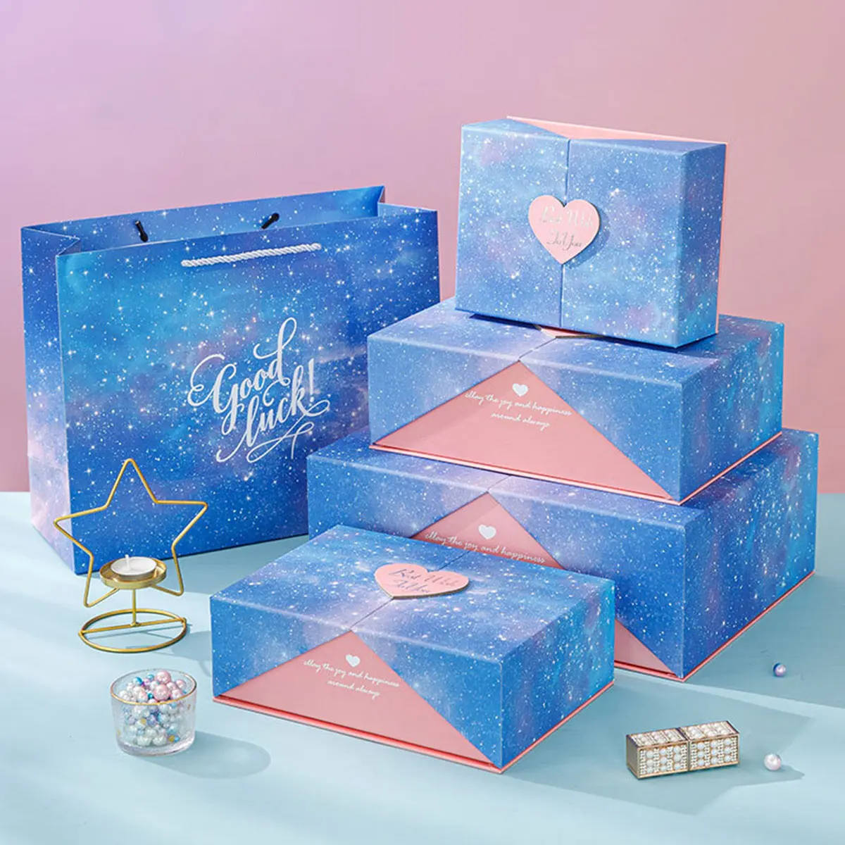 Gradient Starry Sky Gift Box Heart Double Door Exquisite Valentine's Mother's Day Birthday Christmas Gift Packaging Paper Case