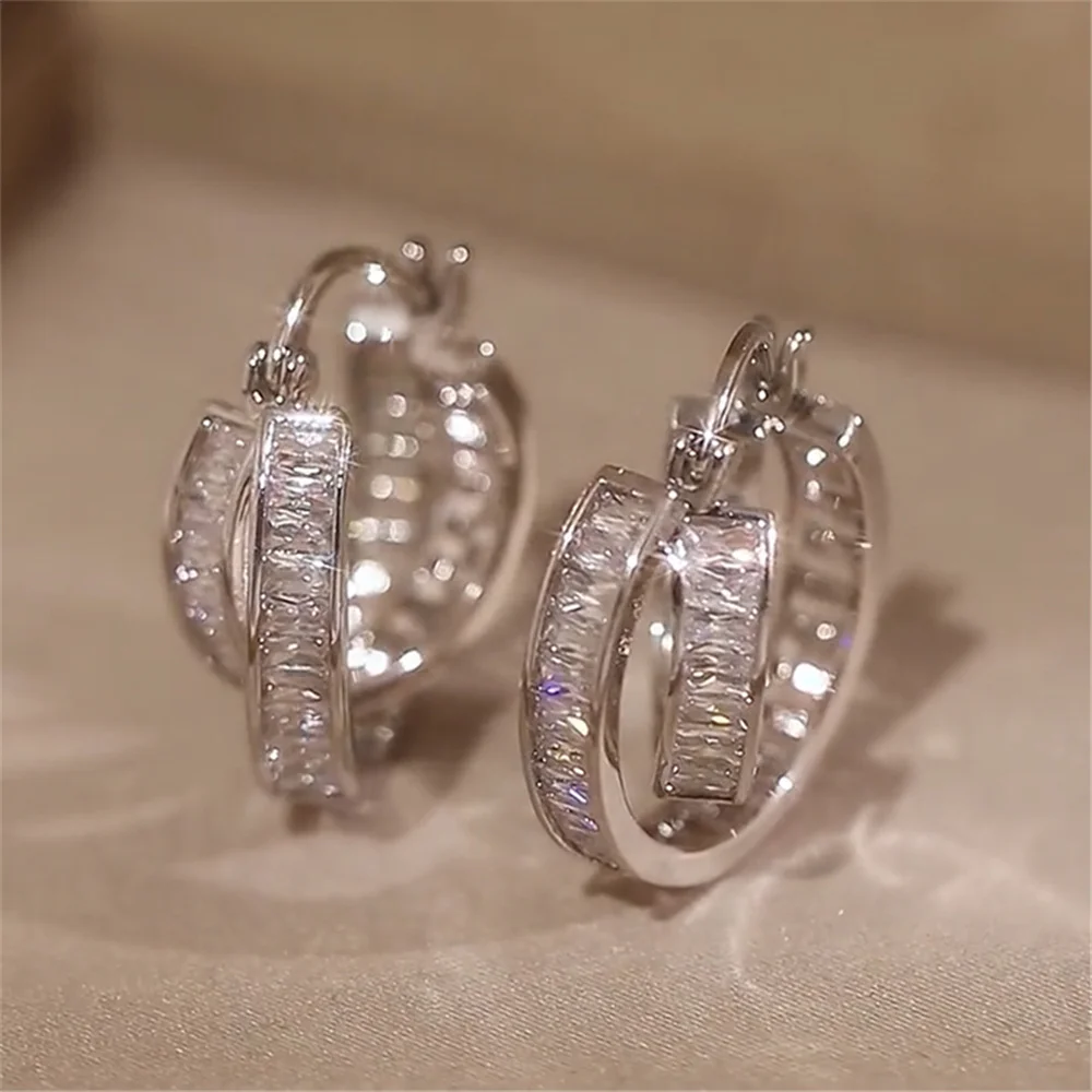 Luxury Female White Zircon Stone Hoop Earrings Vintage Fashion Silver Color Wedding Jewelry For Women