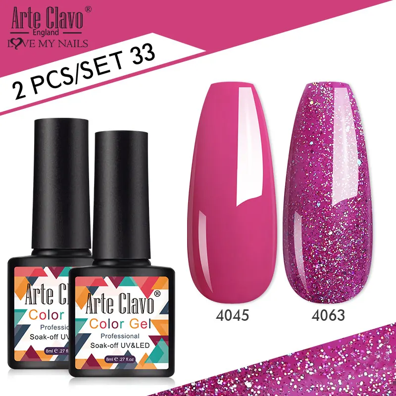 Arte Clavo 네일 젤 광택제 네온 컬러 글리터, 반영구 흡수 젤, UV LED 바니시 키트, 8ml, 2 개 세트