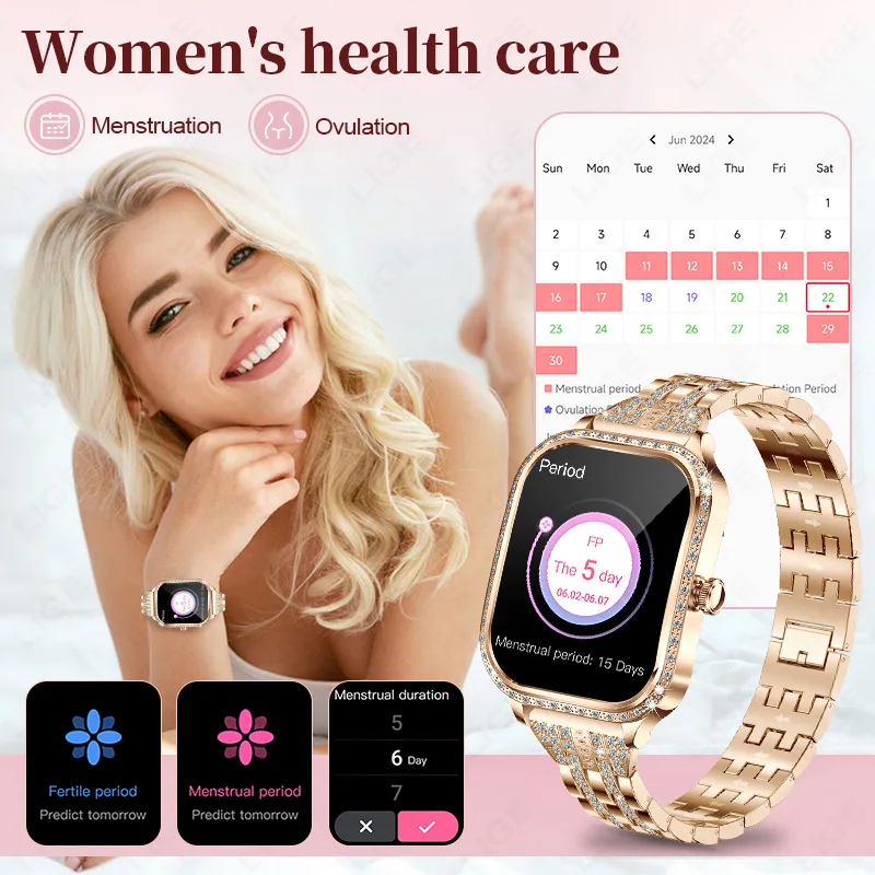 LIGE Female Fashion Diamond Women Smart Watch Bluetooth Call Waterproof Watch AMOLED Screen Sports Smartwatch Health Monitor 5