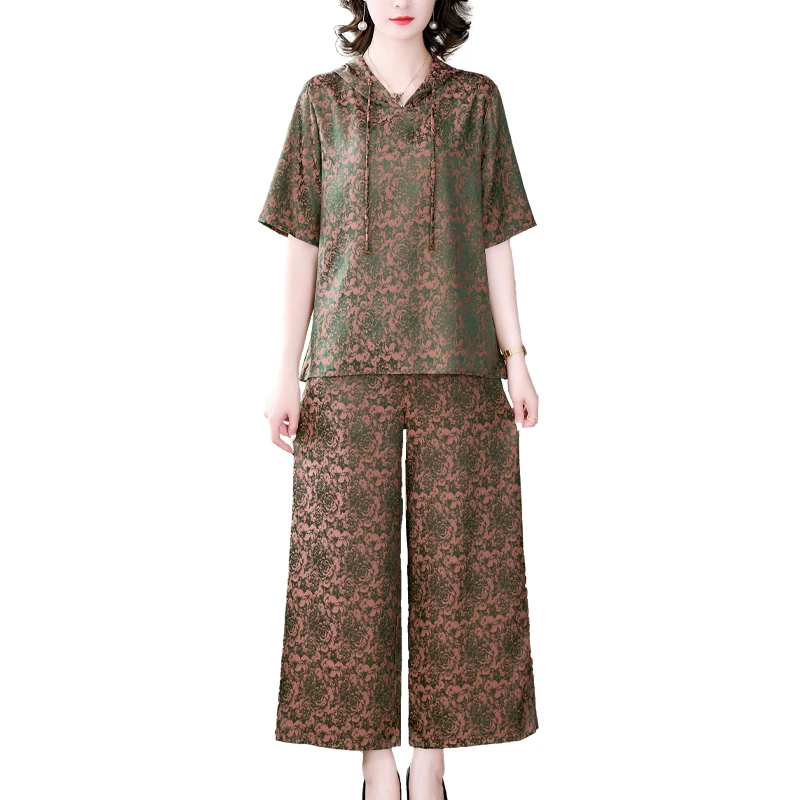 Autumn Coffe Long Sleeve Floral Top Coats+Black Jacquard Silk Wide Leg Pants Two Piece Sets Women Korean Vintage Prom Suits