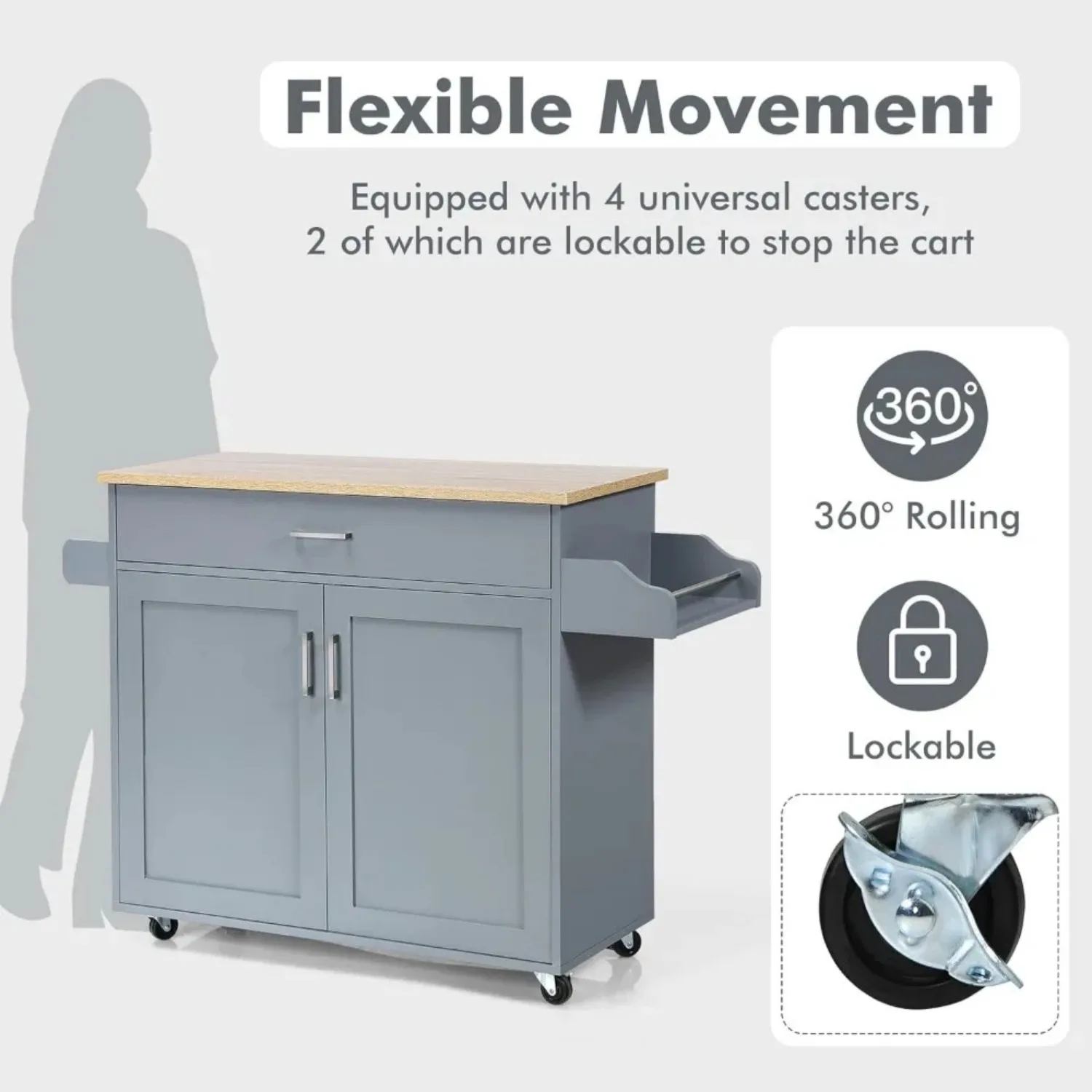 Kitchen Island Cart, Rolling Storage Trolley Cart with Lockable Rubber Wheels, Large Cabinet, Drawer, Spice Rack and Towel Rack
