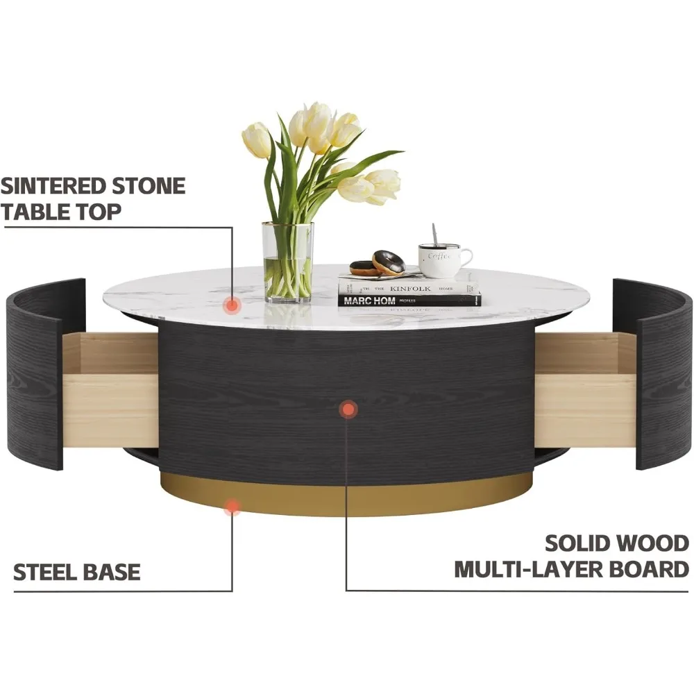 Modern circular coffee table with 2 drawers, stone burning tabletop, living room central table, 33.4-inch coffee table 5