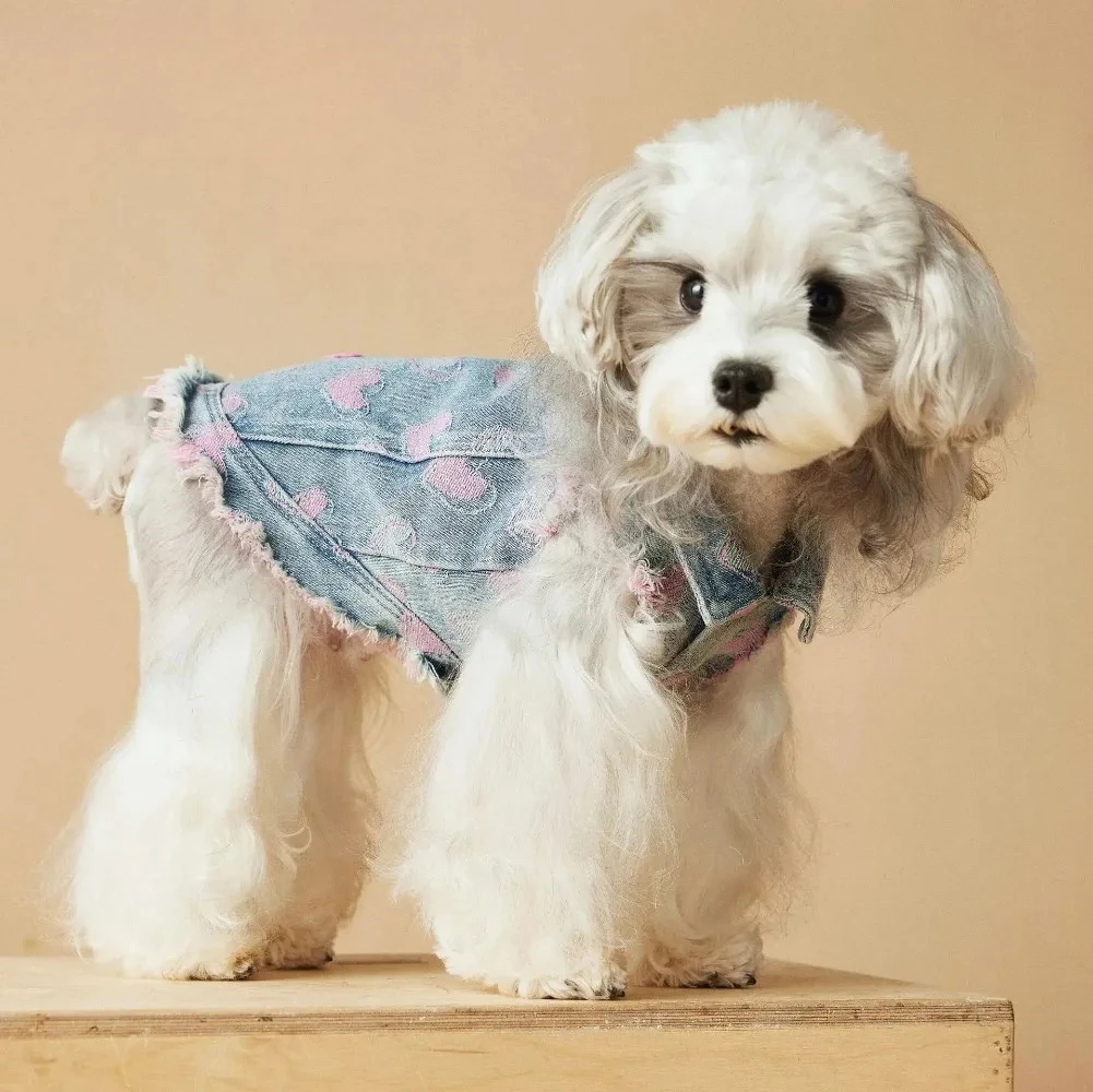 여름 핑크 사랑 자수 담은 통기성 데님 조끼 소형견 옷 강아지 조끼 애완견 셔츠