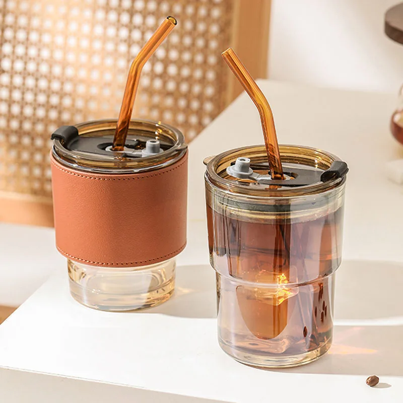 400ml 430ml Coffee Cup Water Bottle Thick Glass Mug Heat-Resistant Milk Juice Cup Drinkware Travel Sealed Non-slip Set Straw Mug 3
