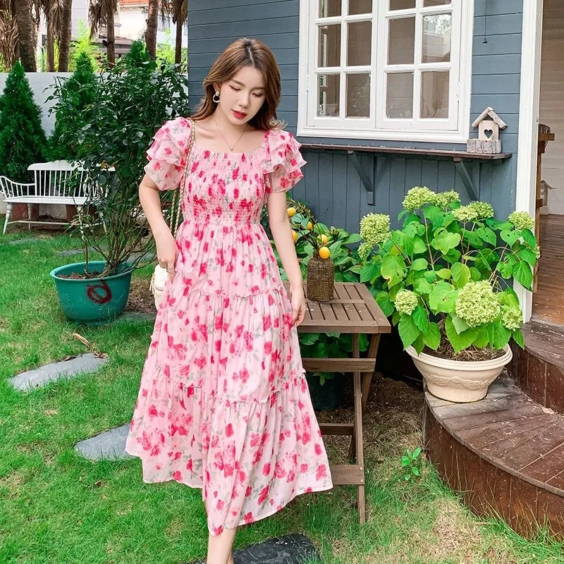 パーティードレス GANISONG Floral chiffon pleated dress ivory 2024 Summer Women Dress Bohemian Floral Pleated Chiffon