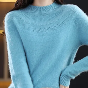 여성용 100% 메리노 울 풀오버 스웨터, 할로우 모크넥 캐시미어 니트웨어, 여성 기본 의류 상의, 시크한 가을 겨울 신상