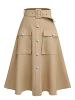 Plus Size Utility Cargo Midi Skirt Women's High Waist Belted A-Line Work Skirt with Pockets Free Shipping - Image 3