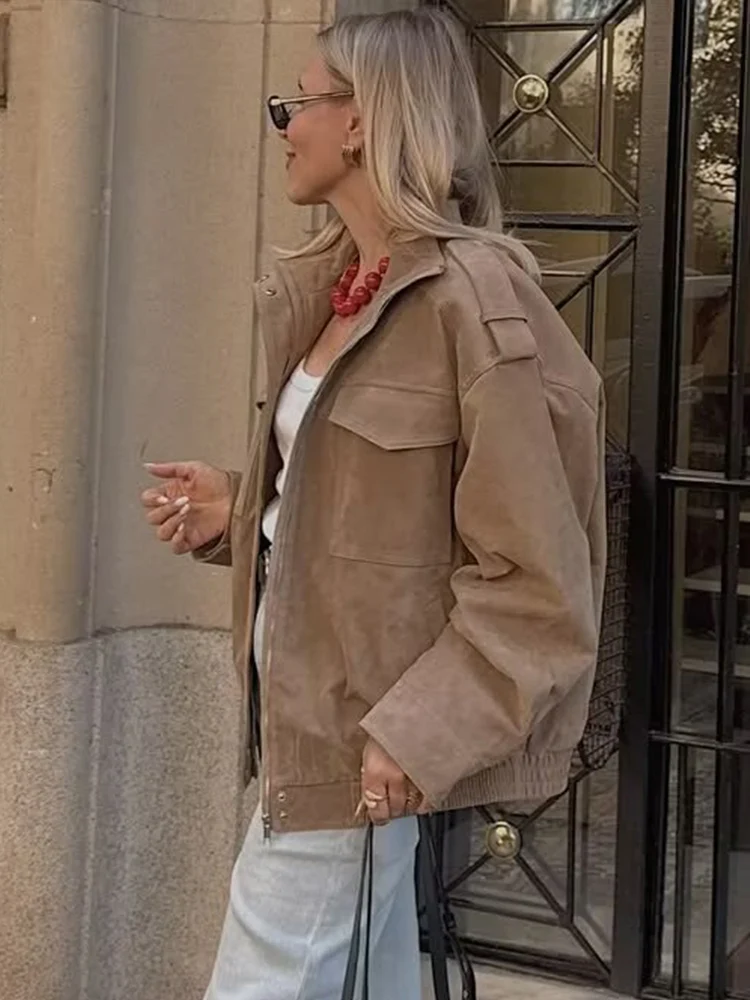 Women Vintage Suede Jacket 2025New Autumn Winter Fashion Long Sleeve Zipper Loose Coat Chic Female High Street Leisure Outerwear