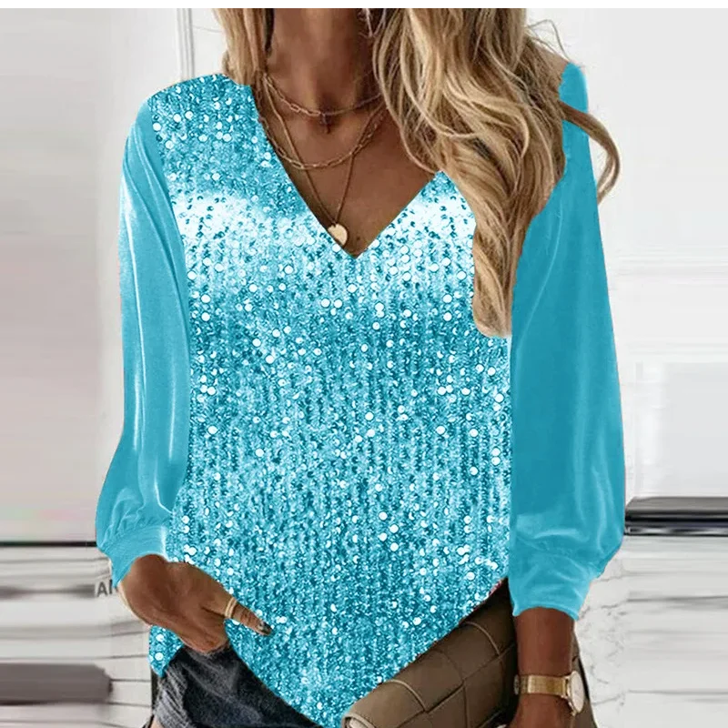 Fashion Women Sequins Sweatshirts V Neck Long Sleeve Blouse Shirt Women Autumn Winter Casual Loose Pullover Tops